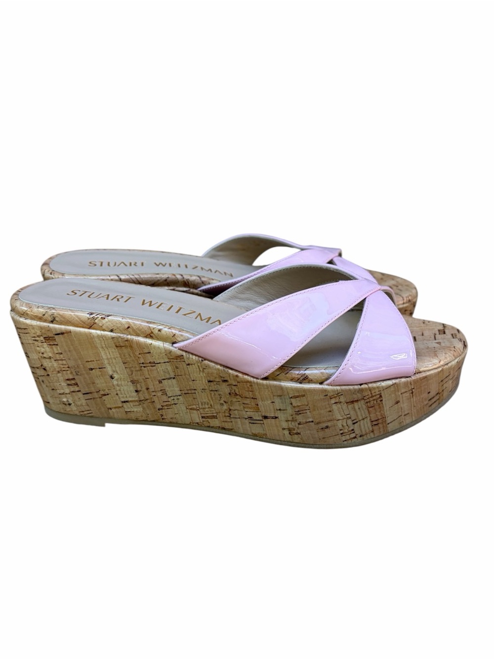 Stuart Weitzman Carmen Cork Wedge Sandal Pink Patent Leather Size 6.5
